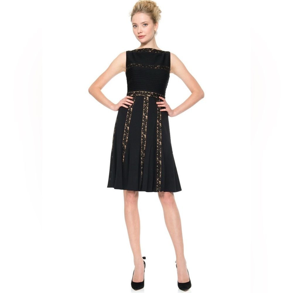 Tadashi Shoji jersey dress lace inserts fit and flared LBD party cocktail L